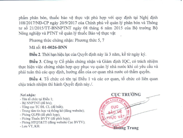 chỉ định chứng nhận hợp quy phân bón, thuốc bảo vệ thực vật